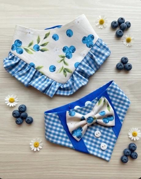 Blueberry Dog Bandana with Gingham Ruffles, Summer Berries pet scarf, perfect gift for summer for dogs, Girly bandanas and cats