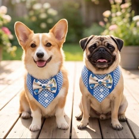 Blueberry Dog Bandana Tuxedo with Bowtie, Blue gingham Summer Formal Wear, Boys dogs cute summer outfit,
