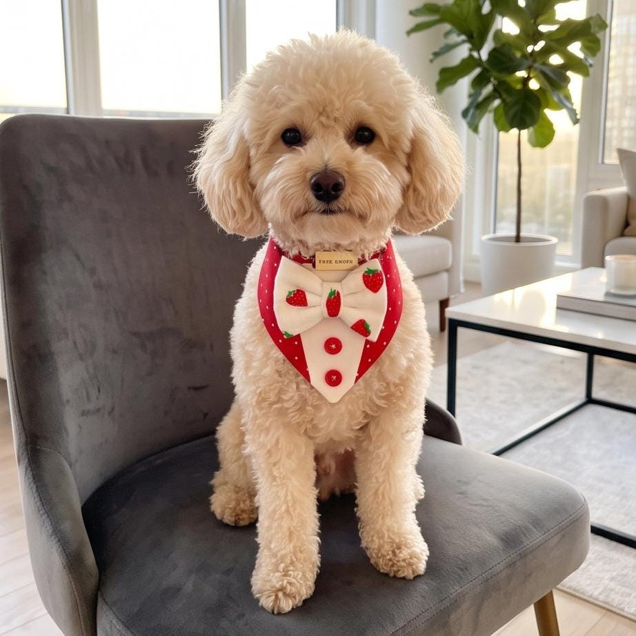 Strawberry Dog Bandana Tuxedo with Bowtie, Red white polka dot Summer Formal Wear, Boys dogs cute summer outfit,