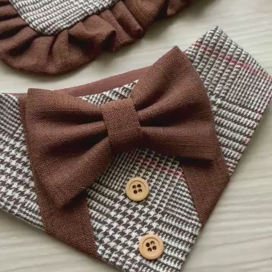 Autumn Dog bandana with ruffle, Brown plaid Fall snap on dog bandana, girl dog bandana with trim, Brown and orange plaid bandana,