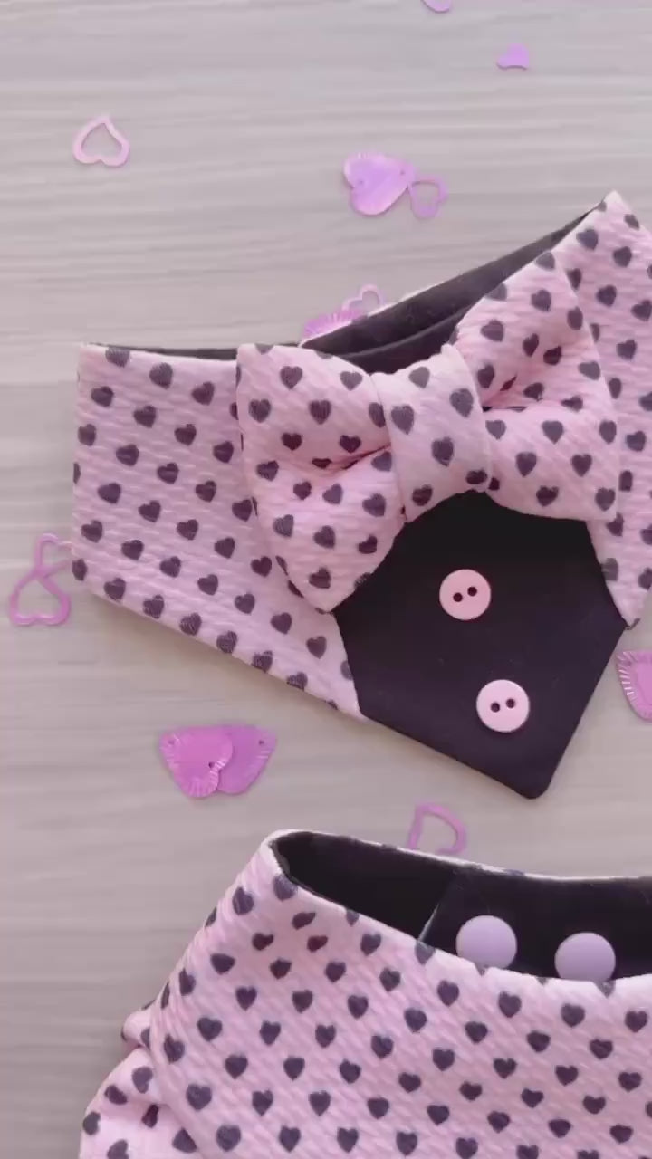 Tiny Hearts Tuxedo dog bandana, Valentines Day bandana with bowtie, Dog bandana with Snaps, Pet scarf gift, plaid dog scarf, Dog Bowtie,
