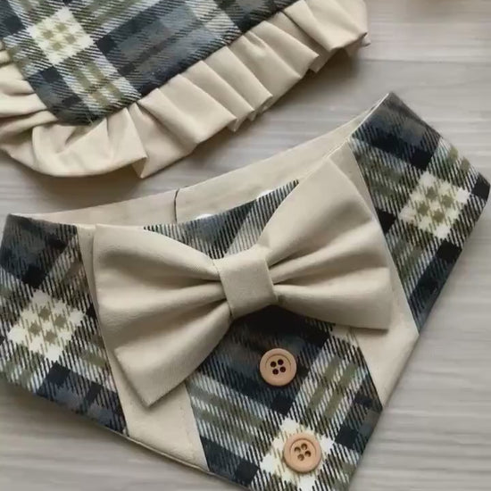 Fall Dog Tuxedo, Beige Plaid Dog Bandana, Dog bandana with Snaps, Pet scarf gift, Season dog scarf with Bowtie, plaid with gray olive green