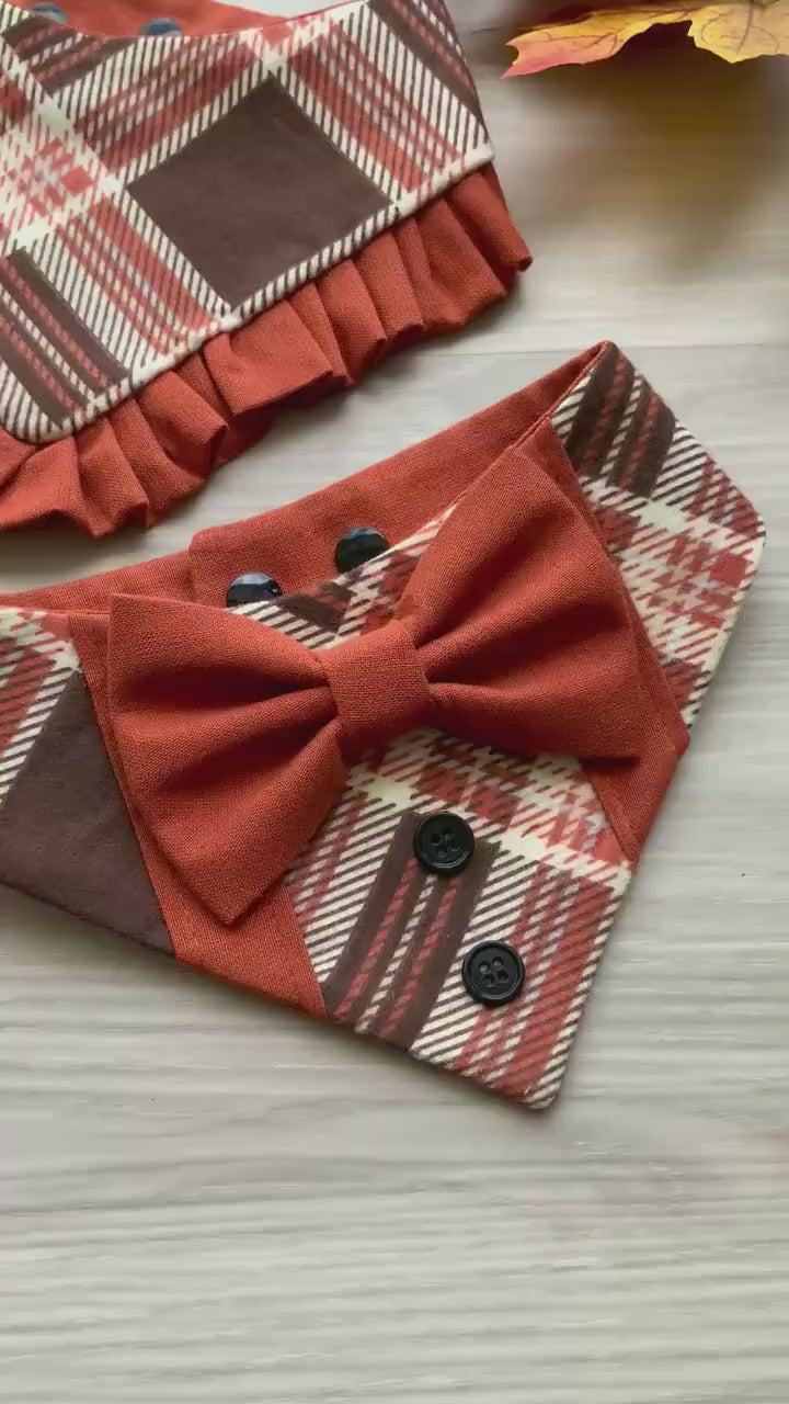 Autumn Dog bandana with ruffle, Pumpkin Spice plaid Fall snap on dog bandana,  girl dog bandana with trim, orange plaid bandana