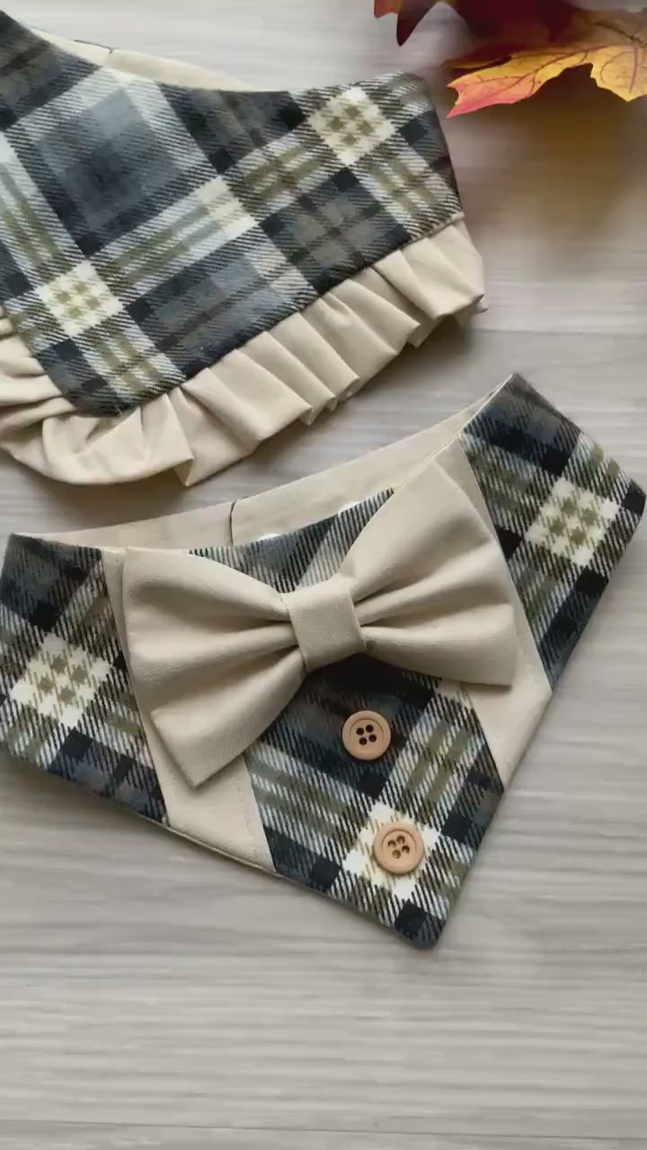 Autumn Dog bandana with ruffle, Beige plaid Fall snap on dog bandana, girl dog bandana with trim, Gray and olive green plaid bandana,