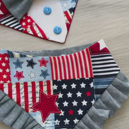 Patriotic Dog Tuxedo Bandana, 4th of July Pet Bandana, Patch USA Dog Scarf, Independence Day Dog Gift, American Flag  Dog Bandana