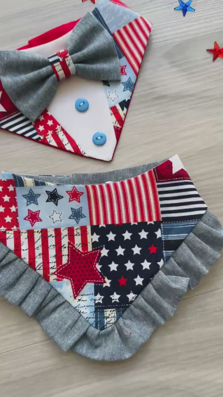 Patriotic Dog Tuxedo Bandana, 4th of July Pet Bandana, Patch USA Dog Scarf, Independence Day Dog Gift, American Flag  Dog Bandana
