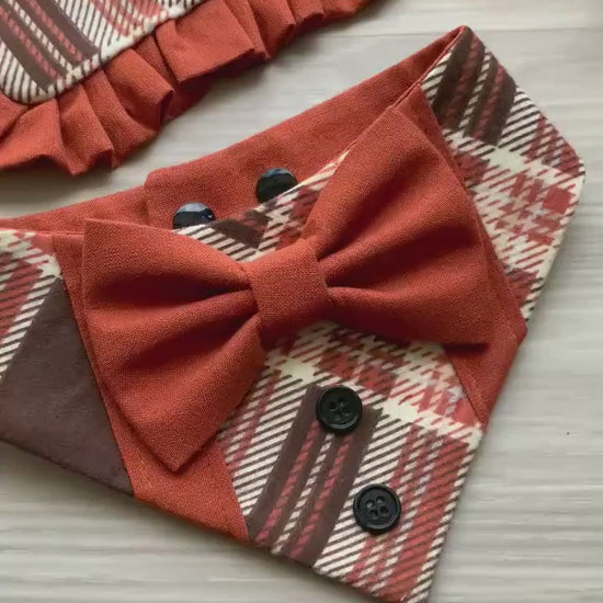 Fall Dog Tuxedo, Pumpkin Spice Plaid Bandana with snaps, Pet scarf gift for dogs and cat, Fancy dog bandana with bowtie, Autumn pet neckwear