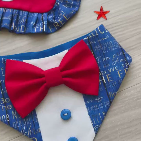 Patriotic Dog Bandana 4th of July, Red White Blue Star Bandana for Dogs, Embroidery USA, Fireworks Dogs scarf, bandana with ruffles,