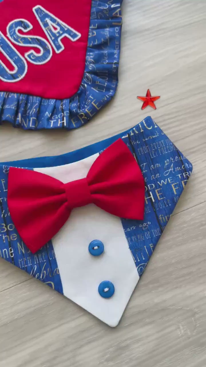 Patriotic Dog Bandana 4th of July, Red White Blue Star Bandana for Dogs, Embroidery USA, Fireworks Dogs scarf, bandana with ruffles,