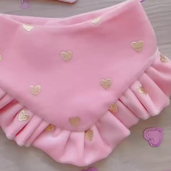 Pink Velvet Dog Bandana, Gold Hearts, Ruffle Trim, Valentines Snap-on Bandana