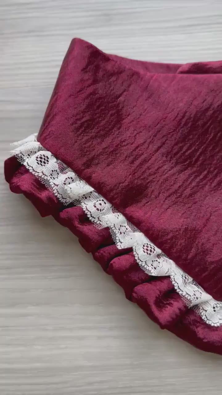 Burgundy Satin with Ruffled, Fall Dog Bandana, snap on dog bandana, Autumn dog bandana, ruffle trim dog bandana, girl dog bandana,