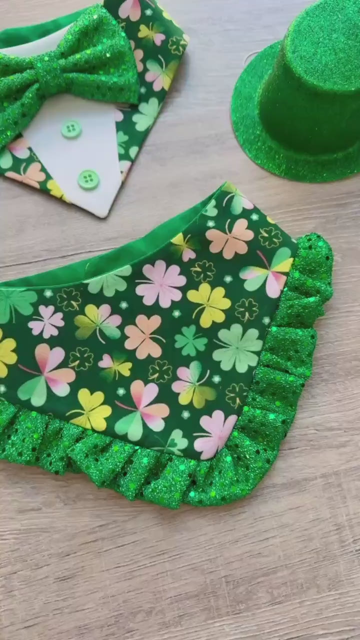 Shamrock Ruffle Dog Bandana, St. Patrick's Day Puppy Scarf, Reversible Snap