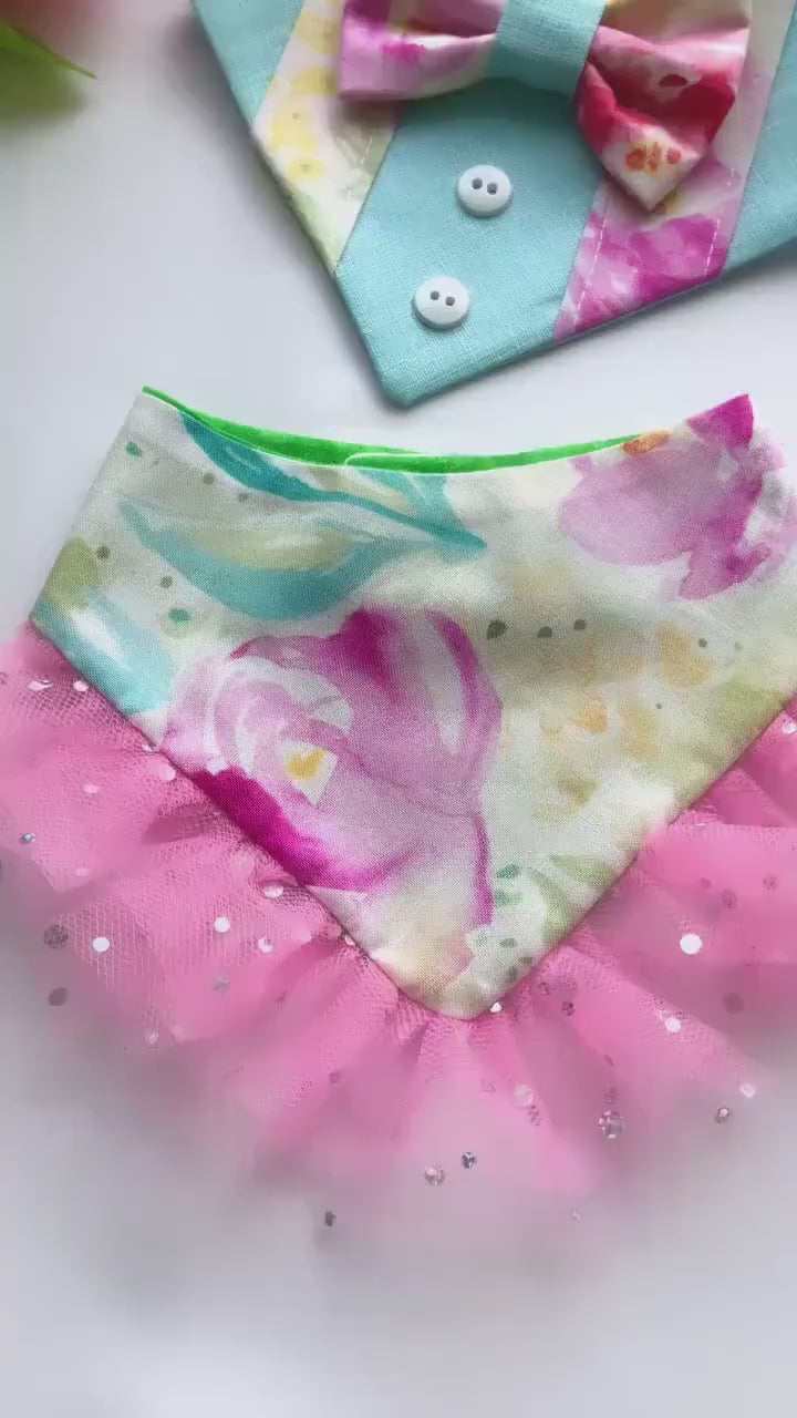 Spring Dog Bandana with Pink Floral Ruffles and Matching Bow