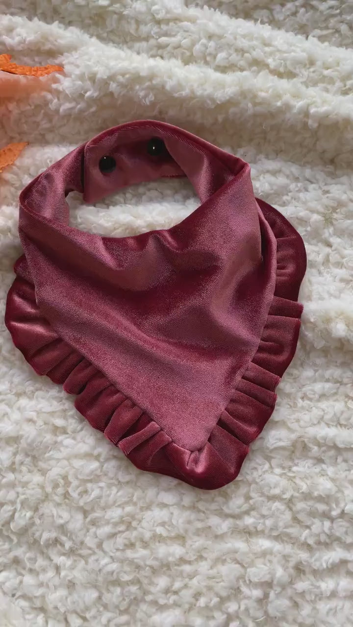 New! Mauve Velvet with ruffles Dog bandana, Fancy bandana, Snap on Bandana, Matching hair-bow, Bow and Bandana, fall dog bandanas