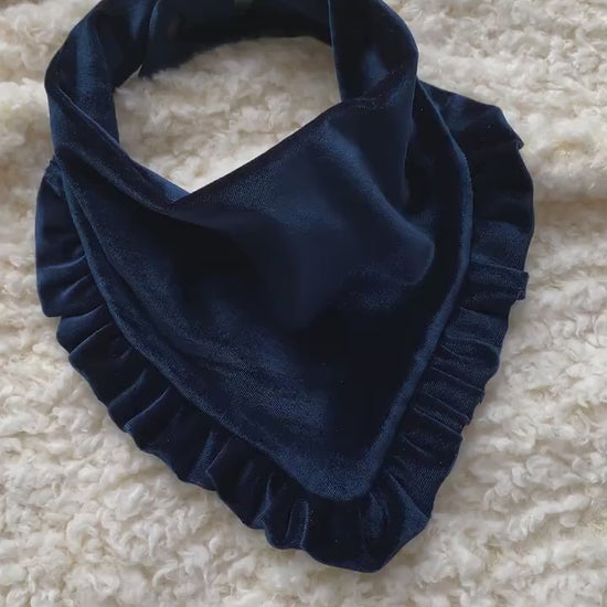 Navy Velvet Ruffle Dog Bandana, Snap-on Bow, Fancy Pet Bandana
