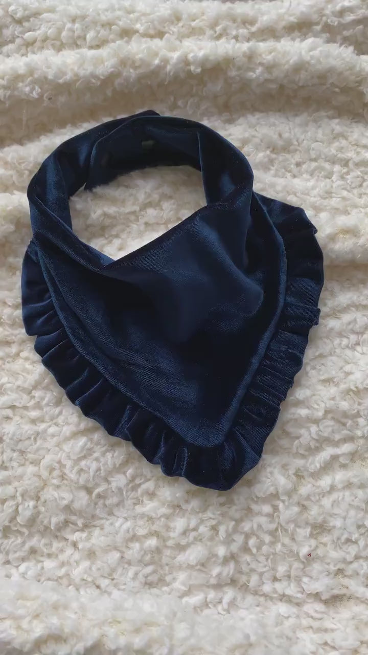Navy Velvet Ruffle Dog Bandana, Snap-on Bow, Fancy Pet Bandana