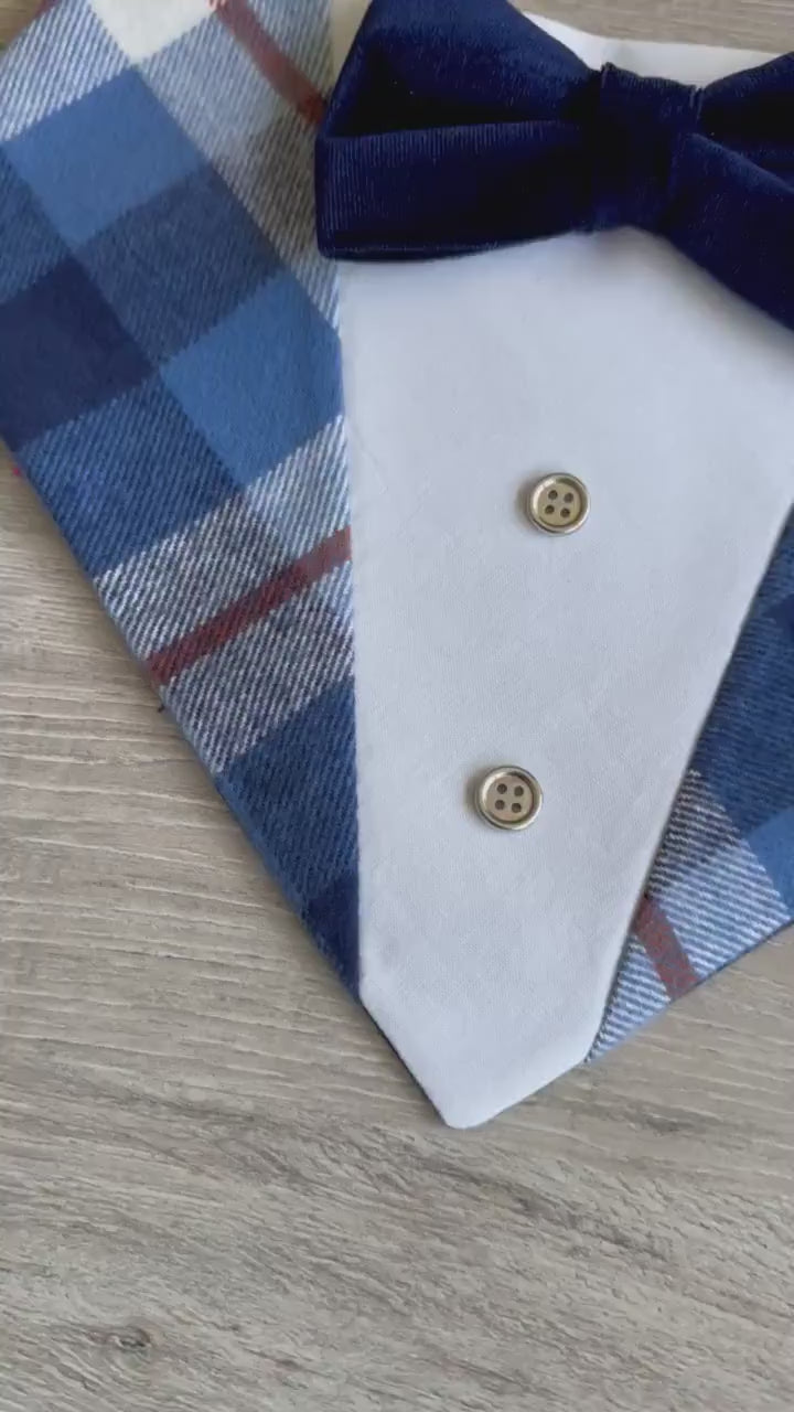 Fall Plaid Dog Bandana Tuxedo, Navy Velvet Bowtie