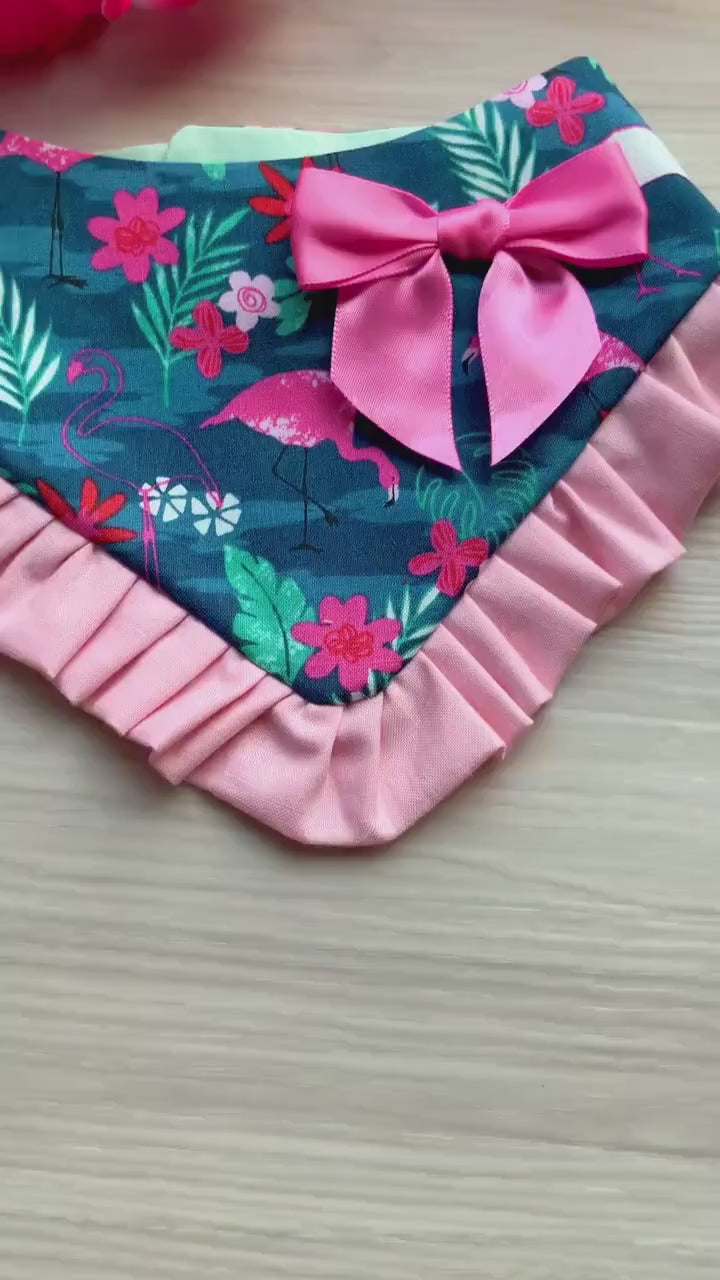 Tropical Flamingo Dog Bandana with Pink Ruffle and Bow