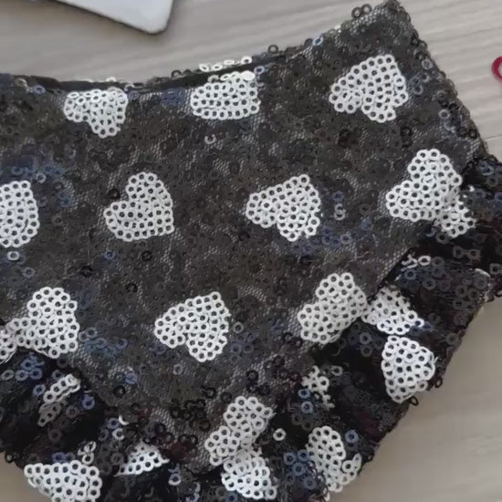 Valentines Dog Bandana Tuxedo, Black White Heart Sequins, Pet Bowtie Scarf