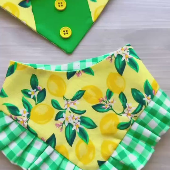 Lemon Floral Ruffle Dog Bandana, Green Gingham, Snap Closure