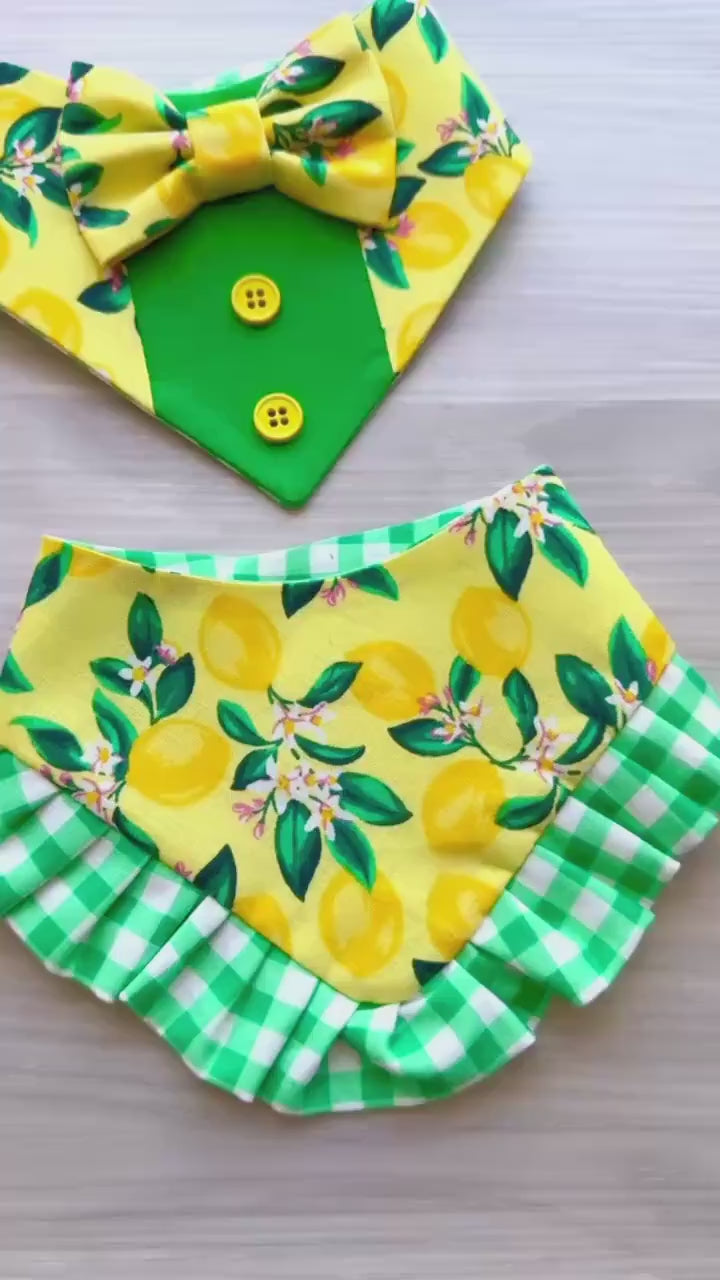 Lemon Floral Ruffle Dog Bandana, Green Gingham, Snap Closure