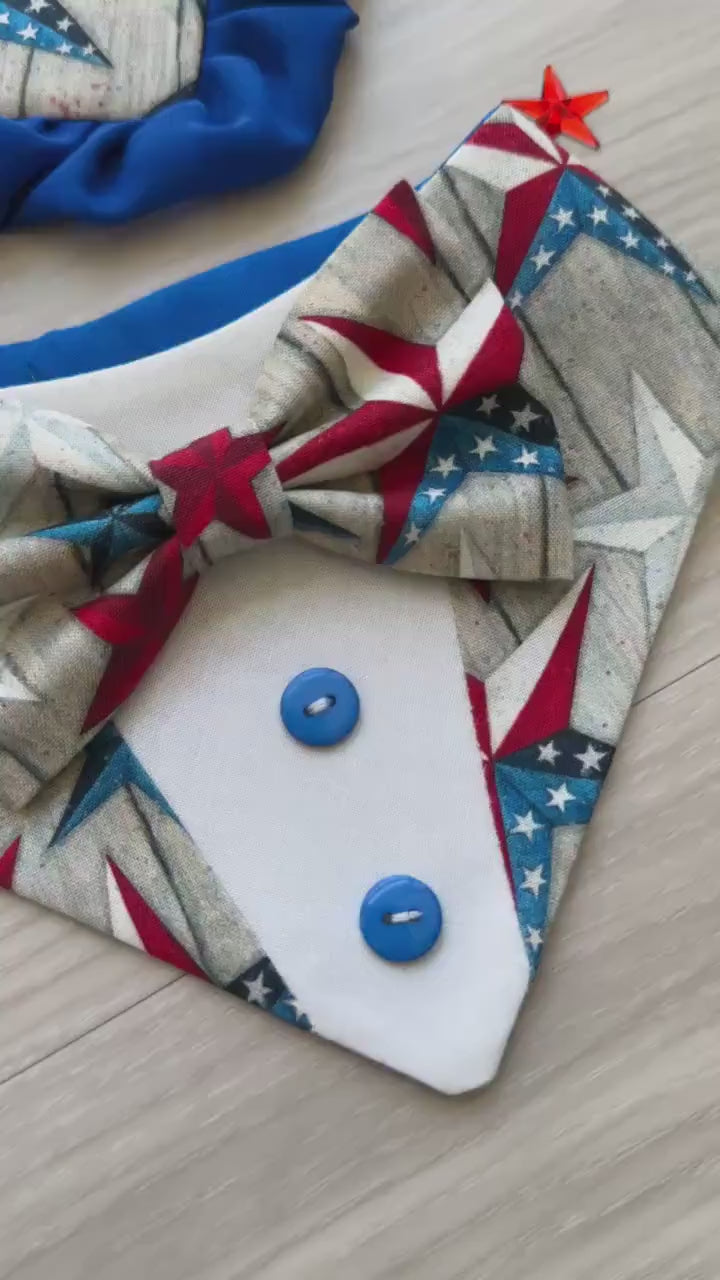 Patriotic Dog Bandana 4th of July, Flag Red White Blue Star Bandana for Dogs, Summer Pet Scarf, Fireworks Dogs scarf, bandana with ruffles,