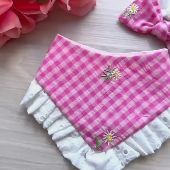 Pink Gingham Dog Bandana, Ruffle Trim, Snap Closure