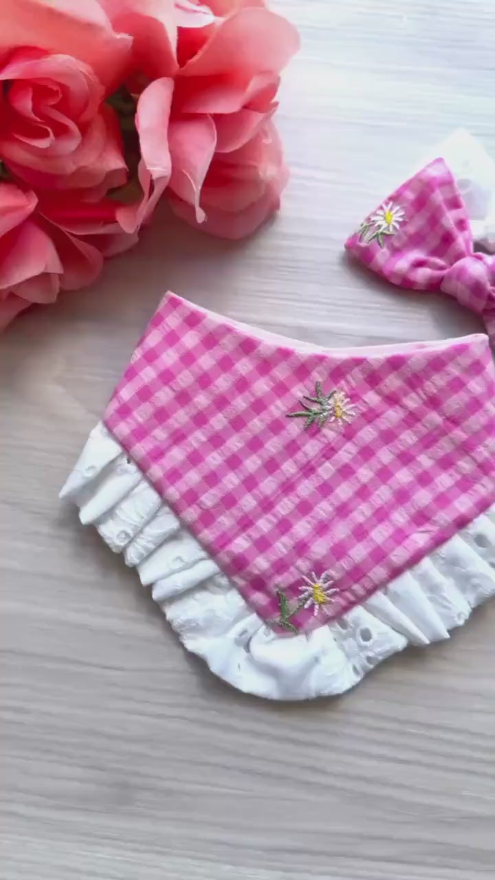 Pink Gingham Dog Bandana, Ruffle Trim, Snap Closure