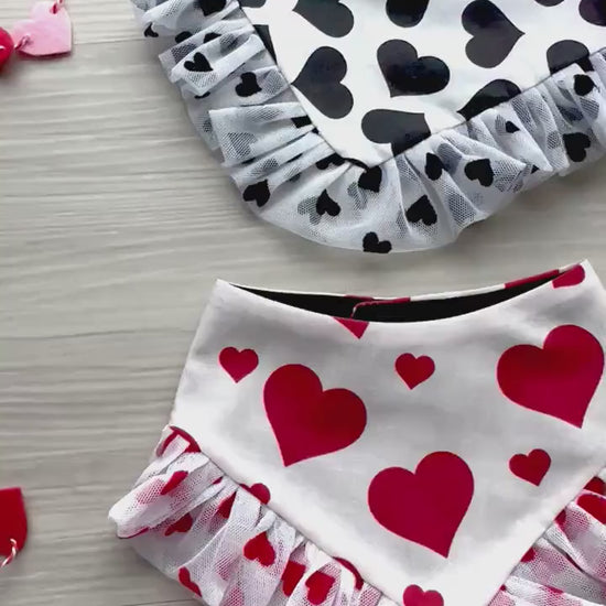 Black Hearts Valentines Dog bandana with ruffles, Snap on Bandana, Matching hair-bow, Bow and Bandana, Xoxo bandana