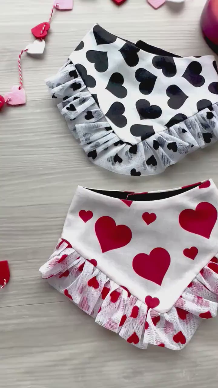 Black Hearts Valentines Dog bandana with ruffles, Snap on Bandana, Matching hair-bow, Bow and Bandana, Xoxo bandana