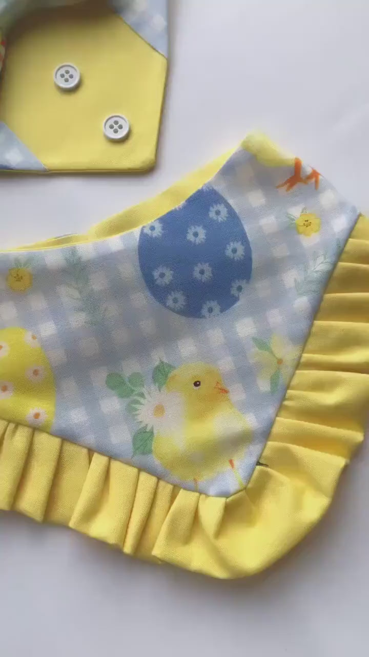 Easter Dog bandana with ruffles, Baby chics and eggs, Snap on Bandana, Matching hair-bow, Bow and Bandana, Purple bandana