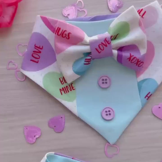 Heart Candies Valentines Dog Bandana with Ruffles, Matching Bow