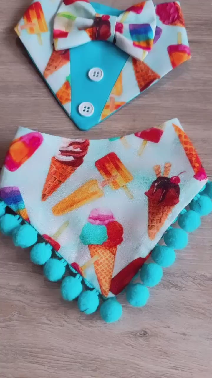 Ice Cream & Rainbow Dog Bandana, Matching Hair-Bow