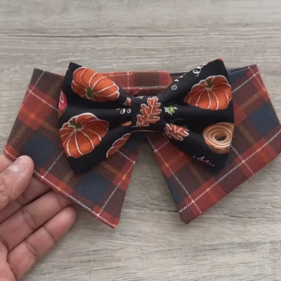 Fall Dog Tuxedo Collar bandana, Pumpkin brown plaid bowtie, Dog Formal Collar, Pointed Shirt Collar, bowtie, boy dog bandana.