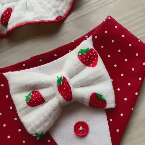 Strawberry Dog Bandana Tuxedo with Bowtie, Red white polka dot Summer Formal Wear, Boys dogs cute summer outfit,