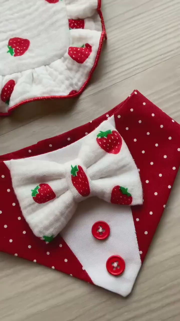 Strawberry Dog Bandana Tuxedo with Bowtie, Red white polka dot Summer Formal Wear, Boys dogs cute summer outfit,
