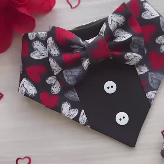 Tuxedo Dog Bandana with Bowtie, Valentines Day Pet Scarf