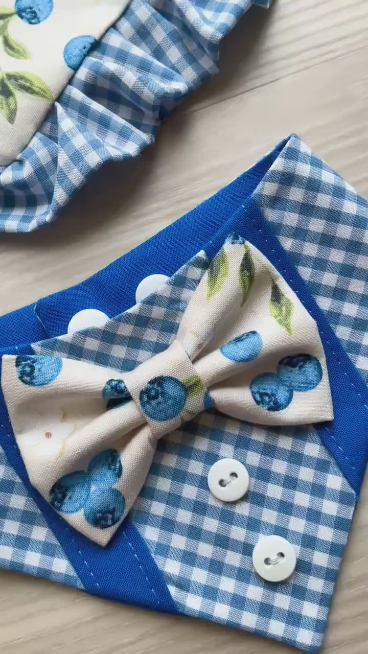 Blueberry Dog Bandana with Gingham Ruffles, Summer Berries pet scarf, perfect gift for summer for dogs, Girly bandanas and cats