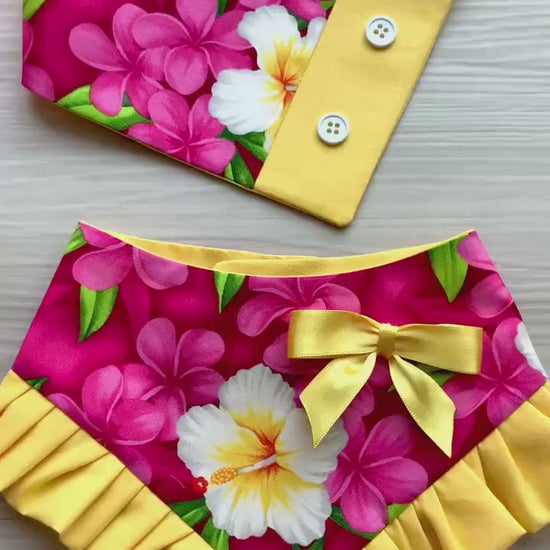 Pink Aloha Island Floral, Dog Bandana with Ruffle, Tropical Hawaiian,