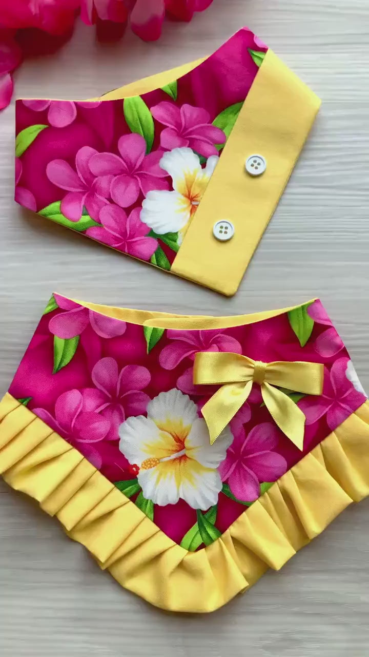 Pink Aloha Island Floral, Dog Bandana with Ruffle, Tropical Hawaiian,