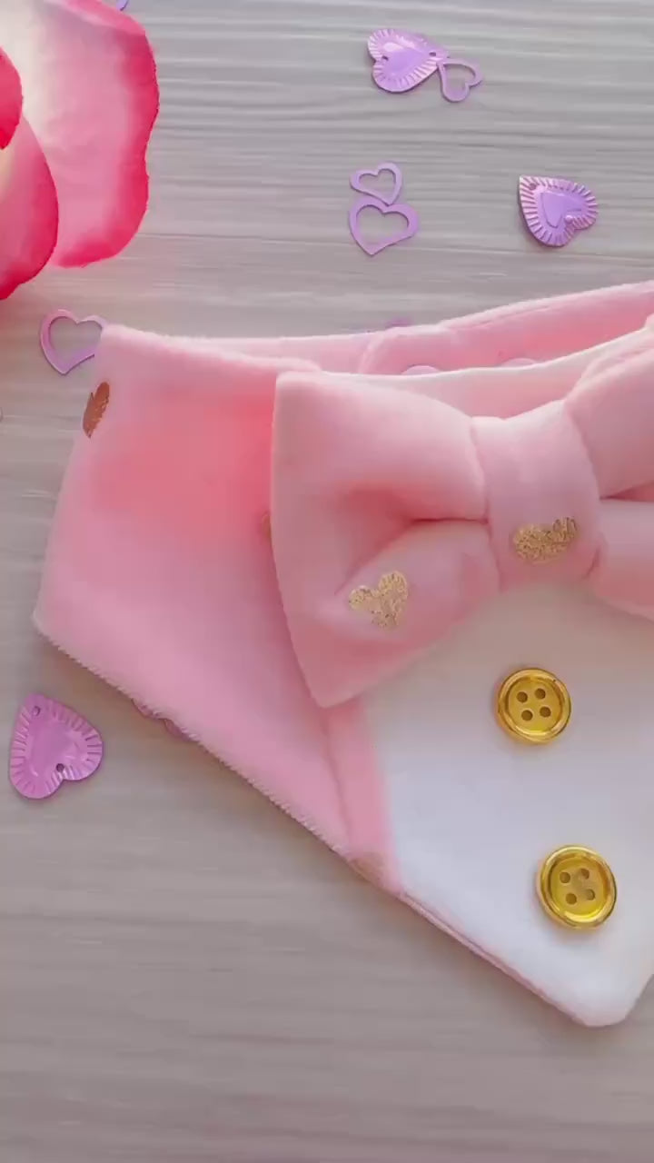 Valentines Dog Tuxedo Bandana, Pink & Gold Hearts, Pet Bowtie Scarf