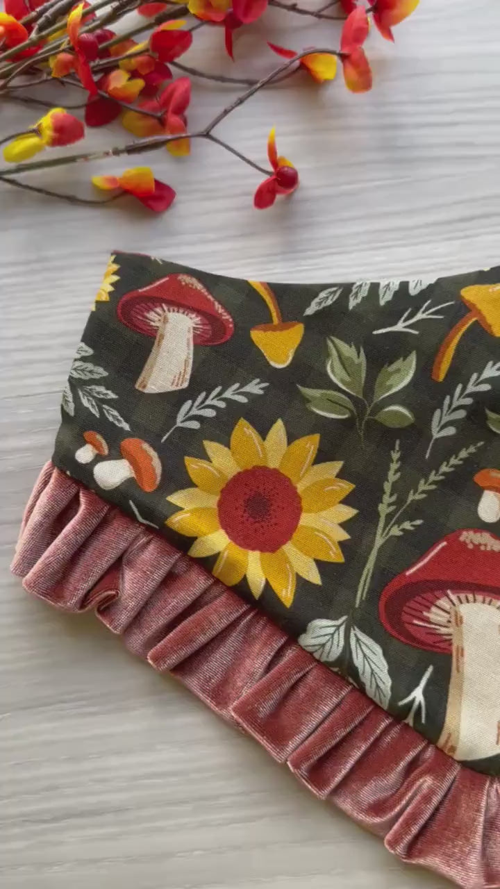 Mushroom with velvet Ruffled, Fall Dog Bandana, snap on dog bandana, Autumn dog bandana, ruffle trim dog bandana, girl dog bandana, Rust