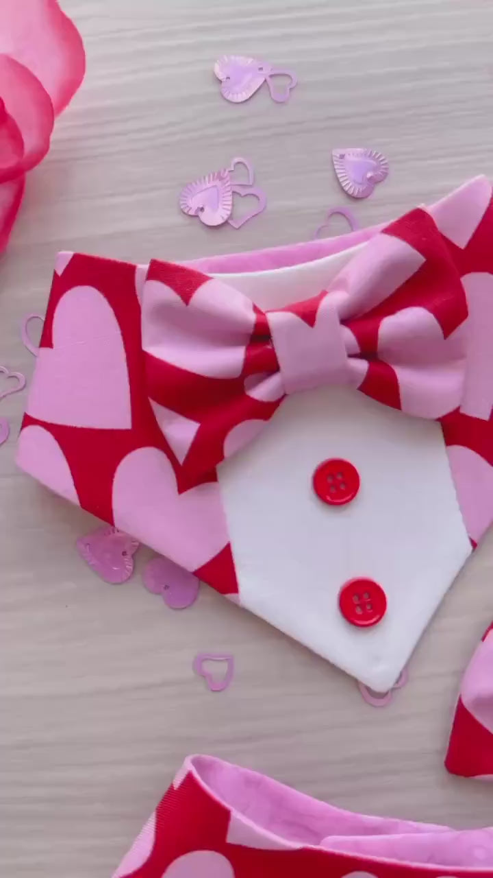 Pink Hearts, Tuxedo dog bandana, Valentines Day bandana with bowtie, Dog bandana with Snaps, Pet scarf gift, plaid dog scarf, Dog Bowtie,