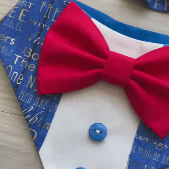 Patriotic Dog Tuxedo Bandana, 4th of July Pet Bandana, USA Red & Blue Dog Scarf, Independence Day Dog Gift, American Flag  Dog Bandana