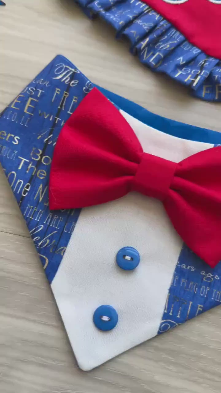 Patriotic Dog Tuxedo Bandana, 4th of July Pet Bandana, USA Red & Blue Dog Scarf, Independence Day Dog Gift, American Flag  Dog Bandana