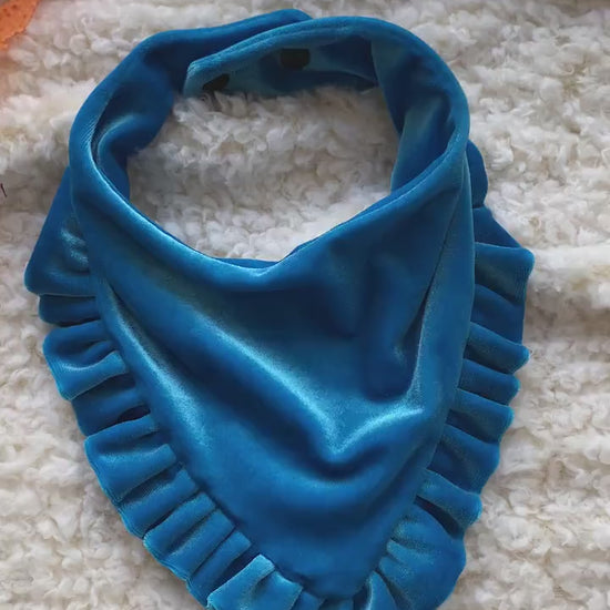Teal Velvet Dog Bandana with Ruffles, Snap-On, Matching Hair Bow