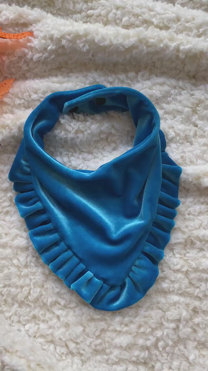 Teal Velvet Dog Bandana with Ruffles, Snap-On, Matching Hair Bow