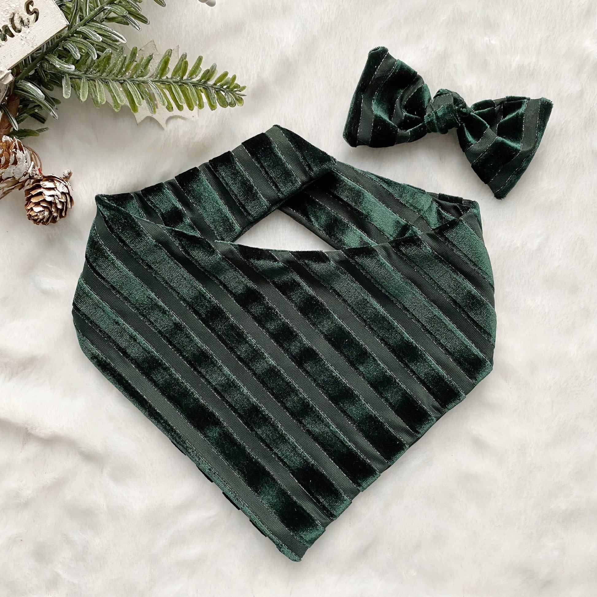 New! Hunter Green Velvet Dog bandana, Fancy bandana, Snap on Bandana, Matching hair-bow, Christmas bandana.