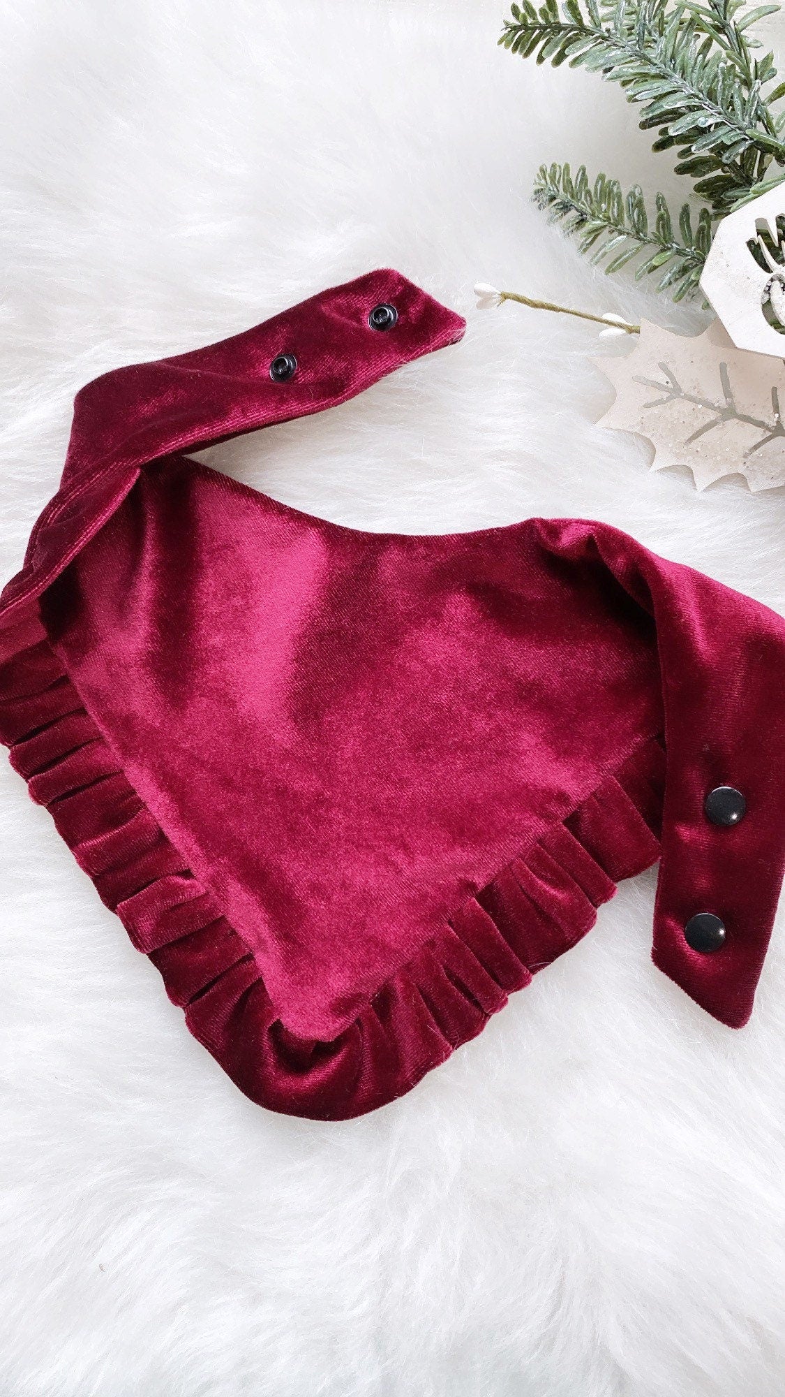 New! Velvet Burgundy with ruffles Dog bandana, Fancy bandana, Snap on Bandana, Matching hair-bow, Bow and Bandana, Christmas bandana