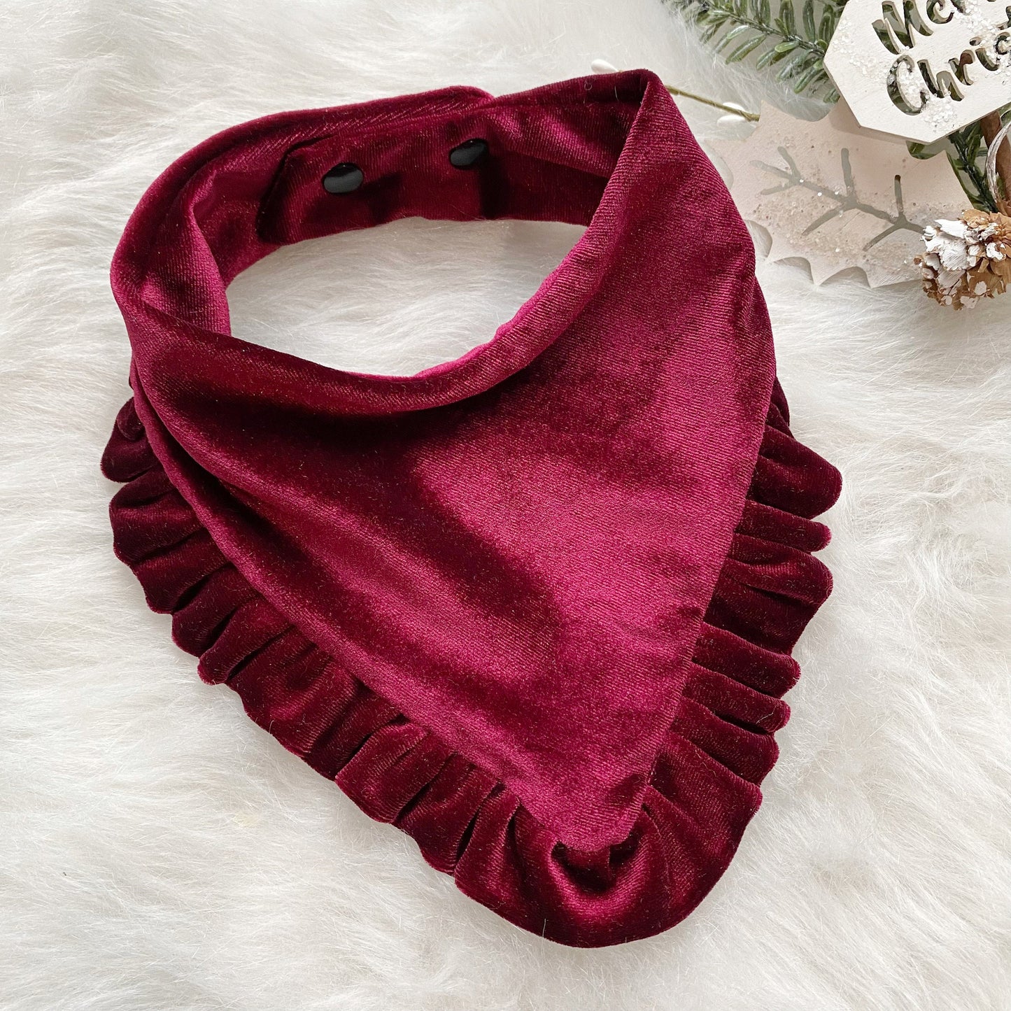 New! Velvet Burgundy with ruffles Dog bandana, Fancy bandana, Snap on Bandana, Matching hair-bow, Bow and Bandana, Christmas bandana